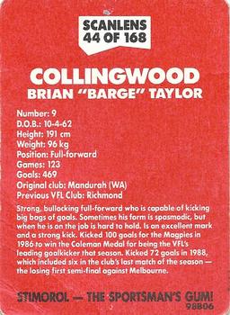 1989 Scanlens VFL #44 Brian Taylor Back